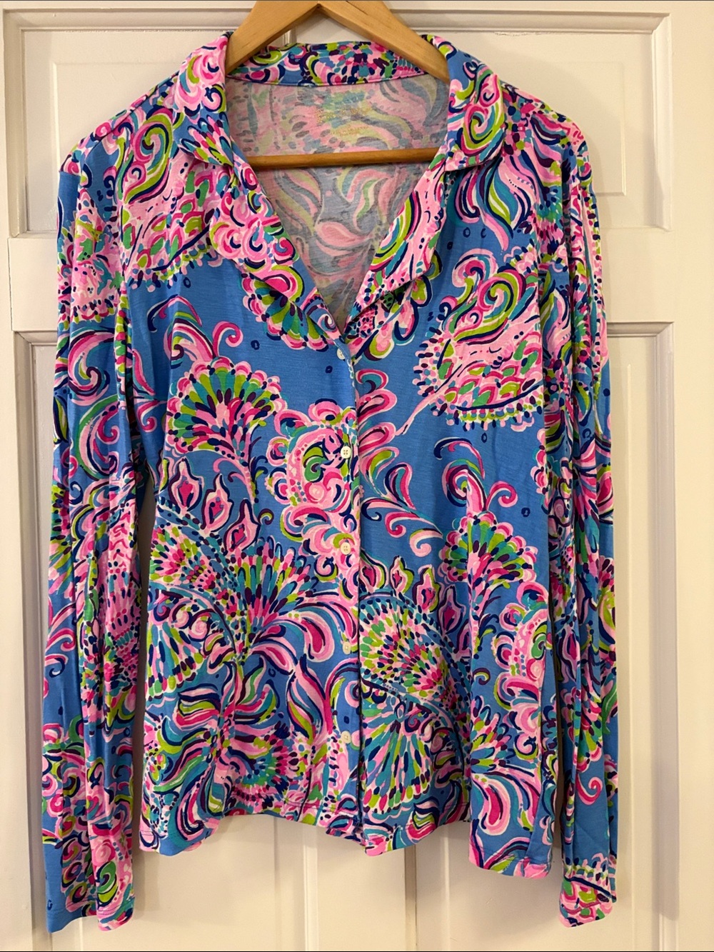 Lilly Pulitzer Blue Paisley Button-Front Top with Pink & Green Accents